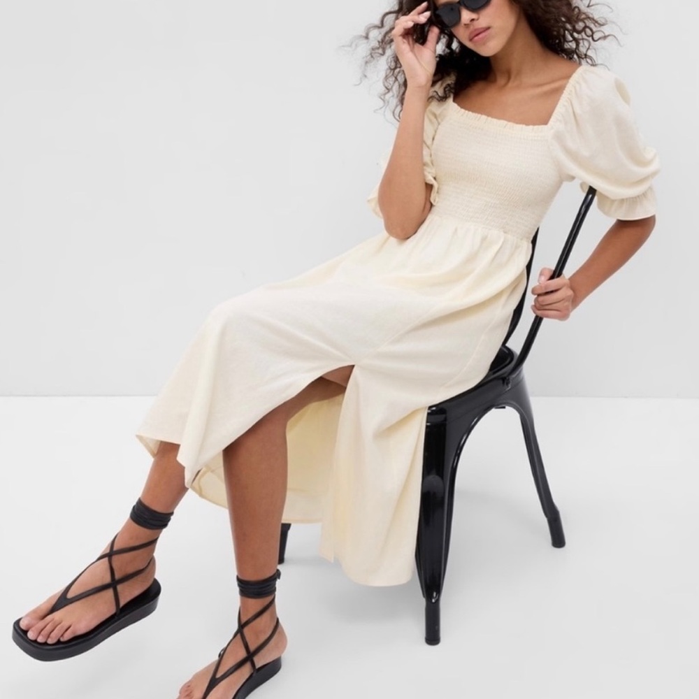 GAP MIDI PUFF SLEEVE LINEN DRESS